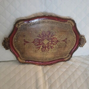 Vintage Italian Hand Painted  Florentine Serving Tray/Platter Gold/Red/Black